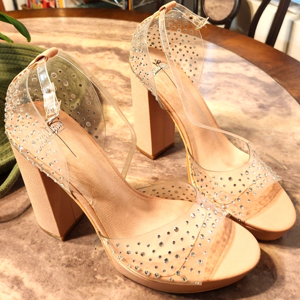 Bisou Bisou Elegant Crystal-Embellished Chunky Tan Heels